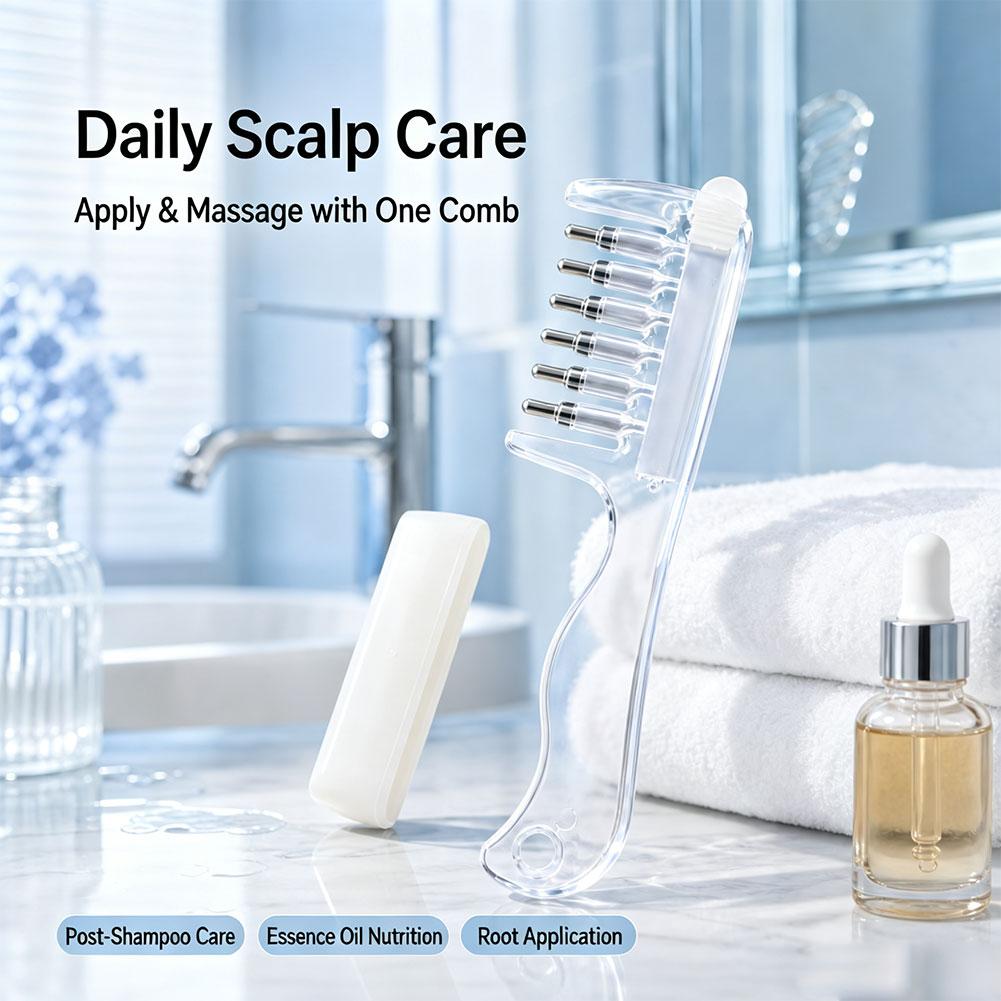 Hair Care - หวีใสสำหรับจัดแต่งรากผม พร้อมหัวจ่ายของเหลว หวีนวดหนังศีรษะ แปรงน้ำมันบำรุงผมและเซรั่ม ป้องกันการรั่วซึม อุปกรณ์ดูแลเส้นผม