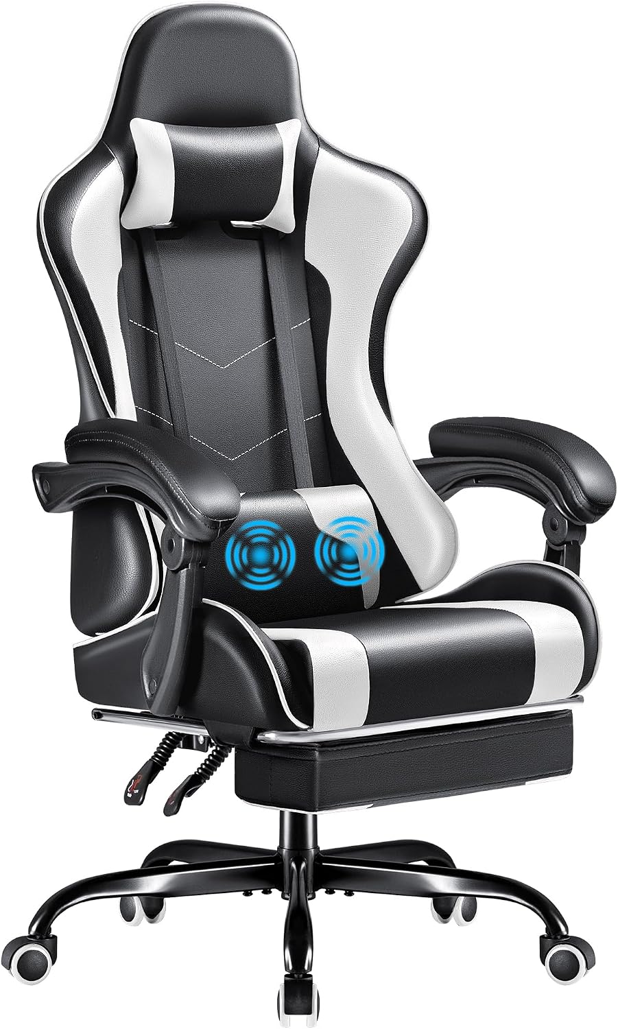 Massage - เก้าอี้เกมมิ่ง Furmax พร้อมที่พักเท้าและระบบรองรับหลังแบบนวด, เก้าอี้คอมพิวเตอร์ปรับความสูงได้ หมุนได้ พร้อมที่พักศีรษะ,