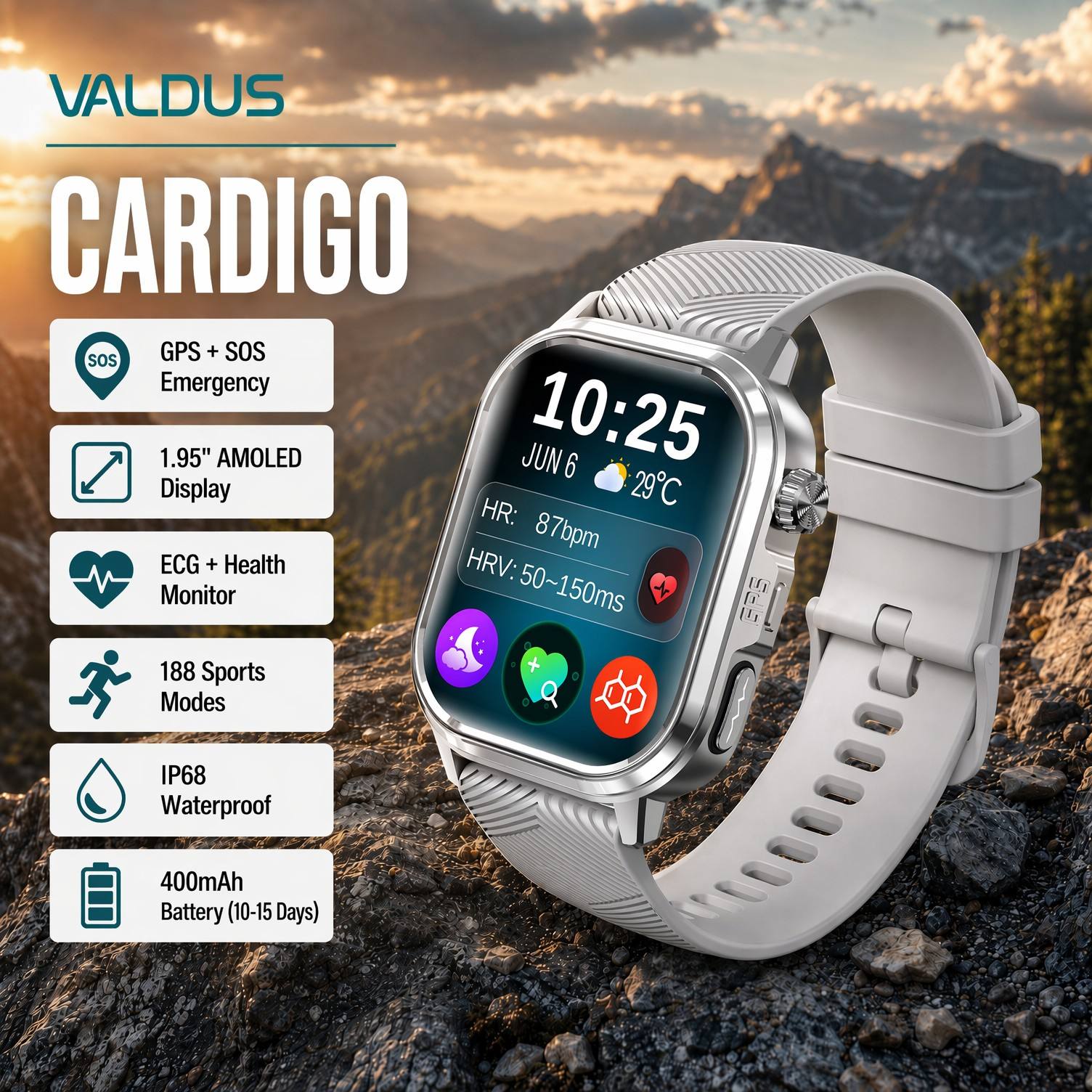 Health Monitors - VALDUS CARDIGO สมาร์ทวอทช์ตรวจวัดสุขภาพ ECG สำหรับผู้ชายและผู้หญิง พร้อมการตรวจวัดอัตราการเต้นของหัวใจ