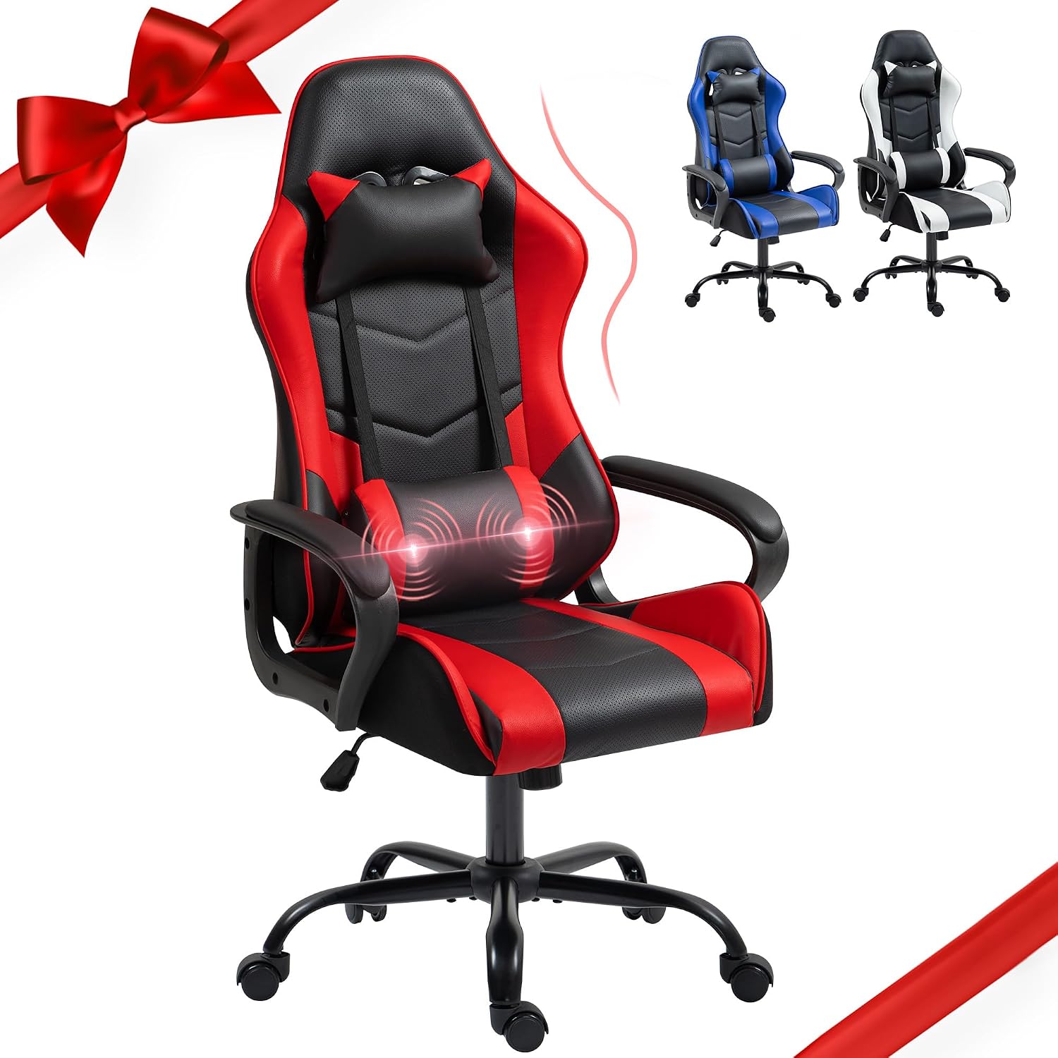 Massage - เก้าอี้เกมมิ่งสีแดง ออกแบบตามหลักสรีรศาสตร์ มีระบบนวด รองรับหลังส่วนล่าง โยกได้ พนักพิงสูง